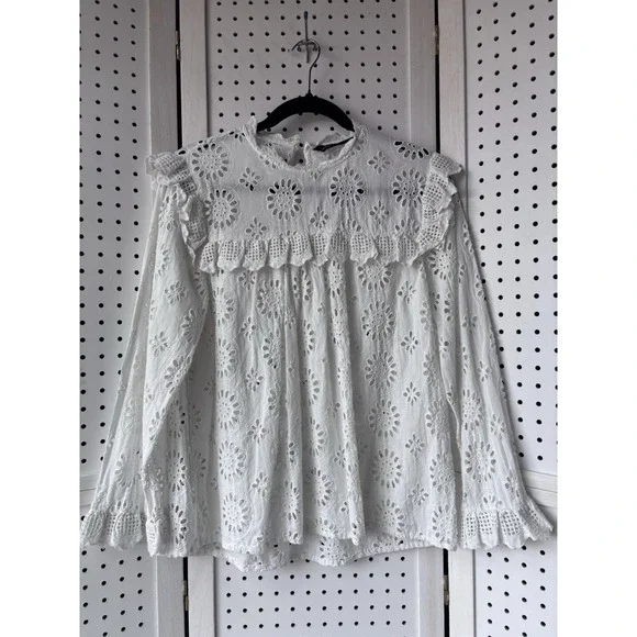 Zara Woman M White Ruffle Eyelet Boho Long SLV Top Shirt Blouse - Picture 1 of 7